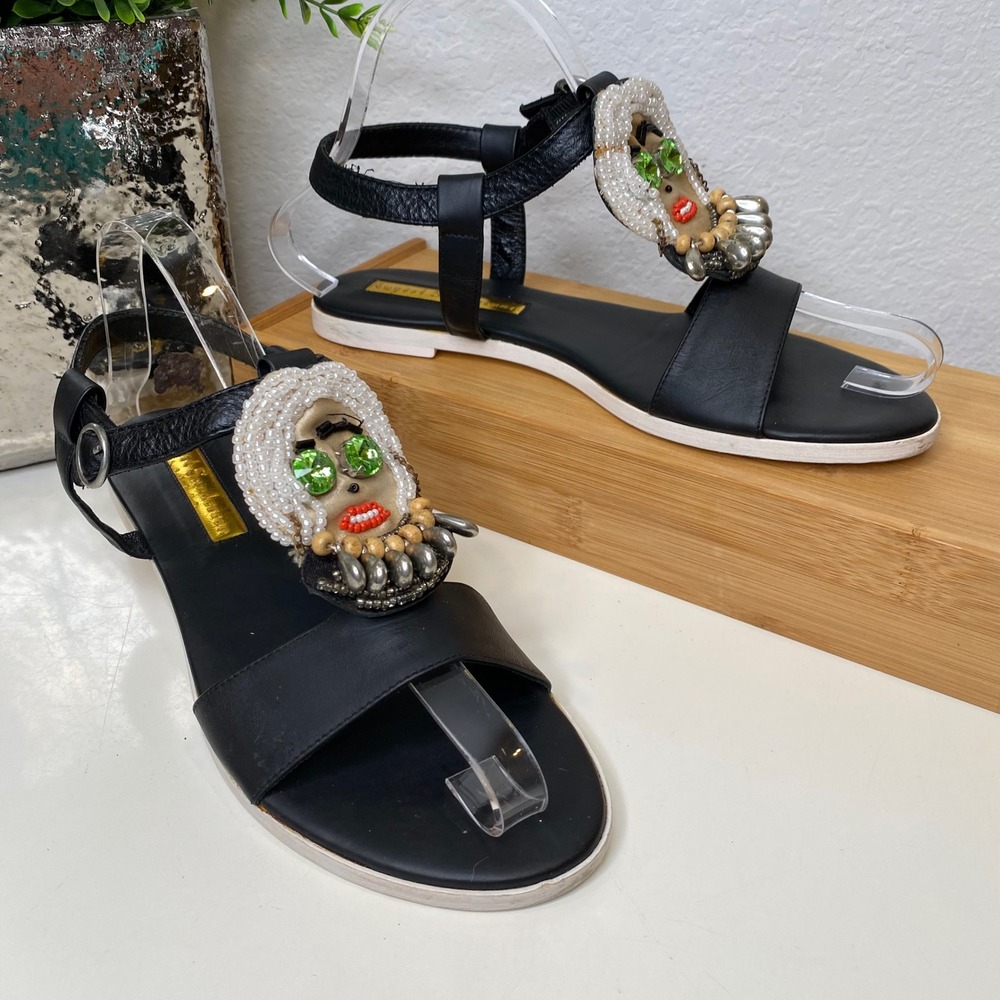 Rupert Sanderson Sandals Black Beaded Face Embellished Whimsical 36.5EU/5.5-6 US